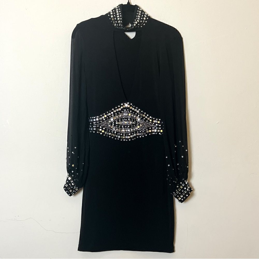 Kiki Riki Jewel Embellished Sheer Sleeve Choker Bodycon Dress, Size Medium Black - Picture 4 of 17